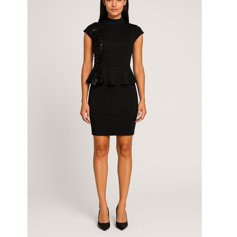 Caribbean‎ Queen Black Bodycon Dress Size M Faux Leather Ruffle Peplum Party